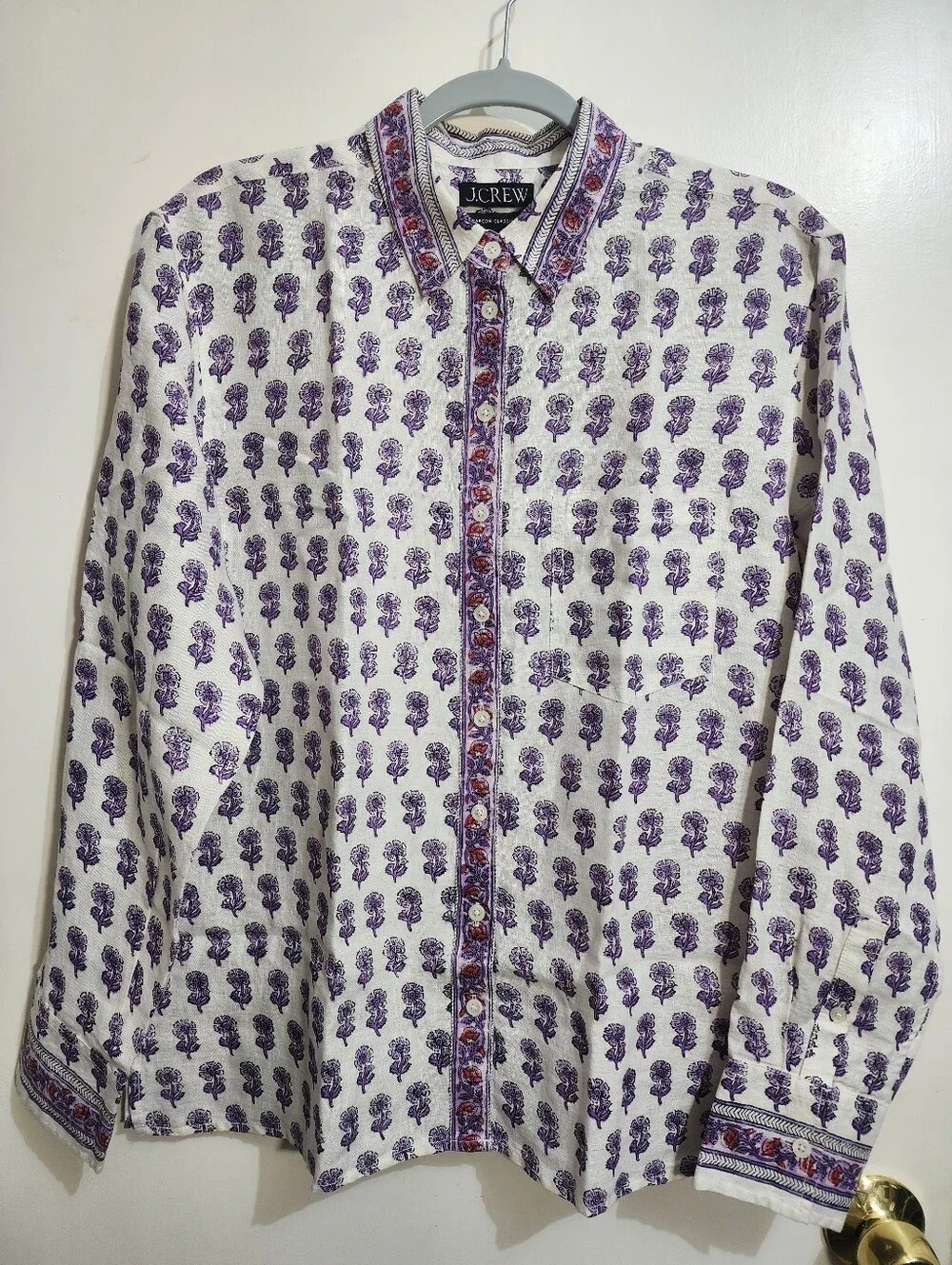 J.Crew Garcon Linen Shirt Lilac Block Print Boho Indian Floral NWT Size 8